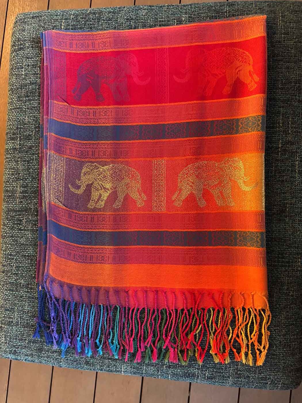 Thai Pashmina Scarf — Rainbow + Gold Elephants — photo 2