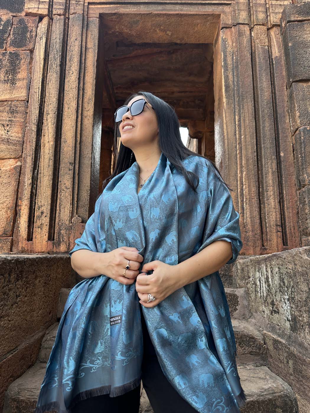 Thai Silk Elephant Scarf — Blue + Black — photo 10