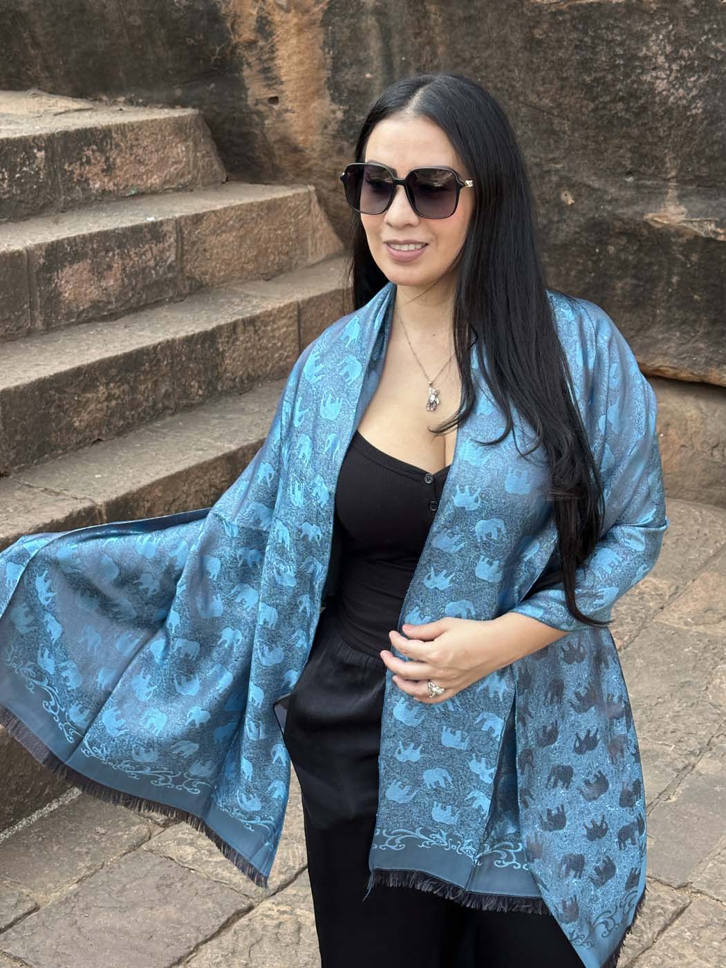 Thai Silk Elephant Scarf — Blue + Black — photo 19
